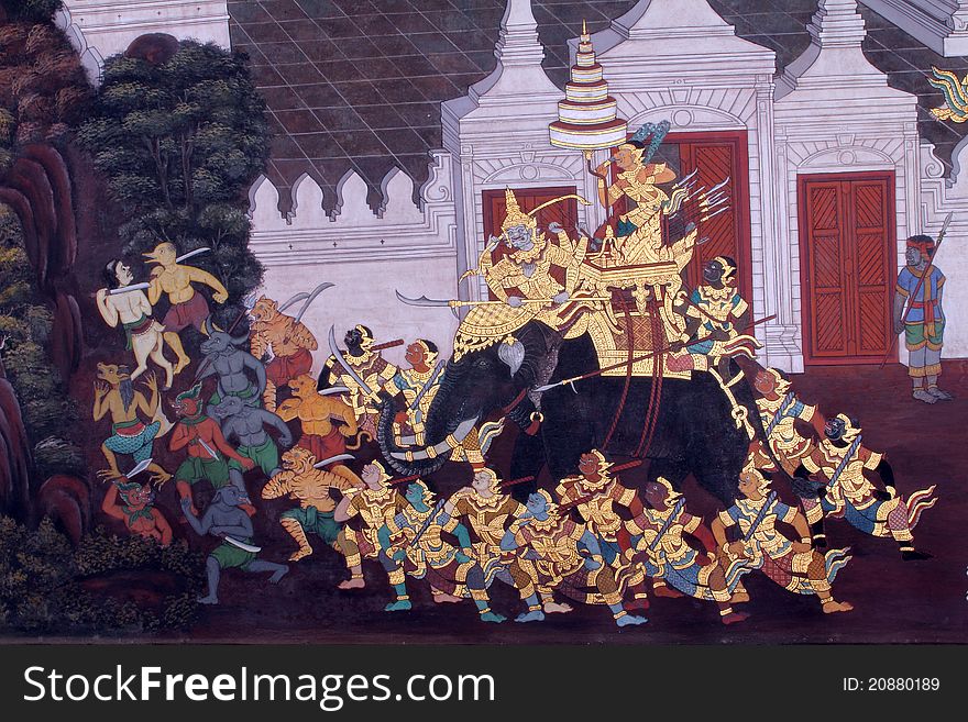 Traditional Thai art painting on a wall, the Emerald Buddha Temple