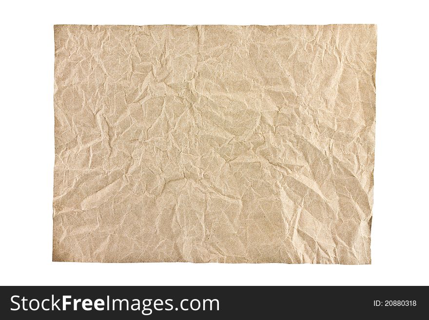 Texture of brown crumpled paper isolated on white