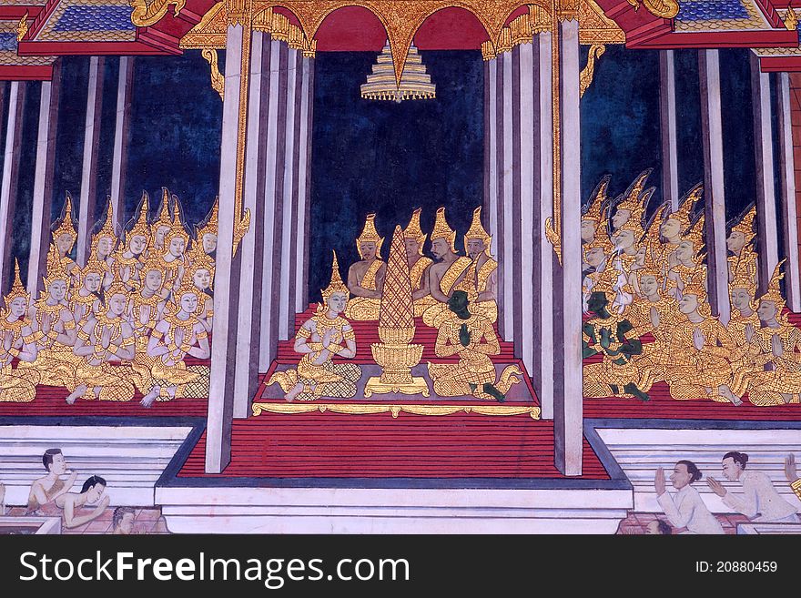 Traditional Thai art painting on a wall, the Emerald Buddha Temple