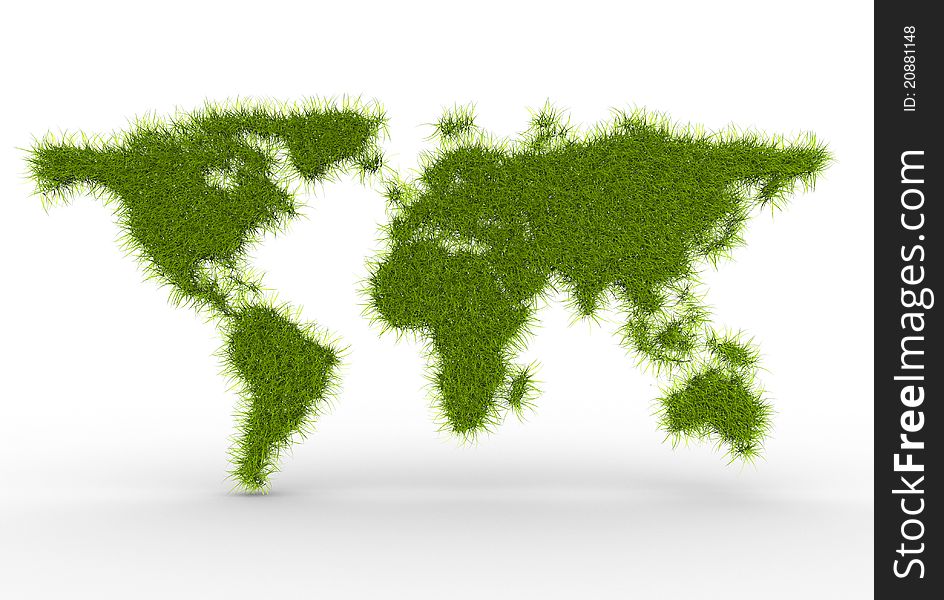 Conceptual Earth map with grass on surface - 3d render illustration