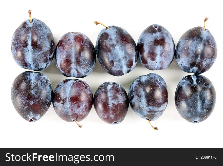 Ripe plums arranged in rows on a white background