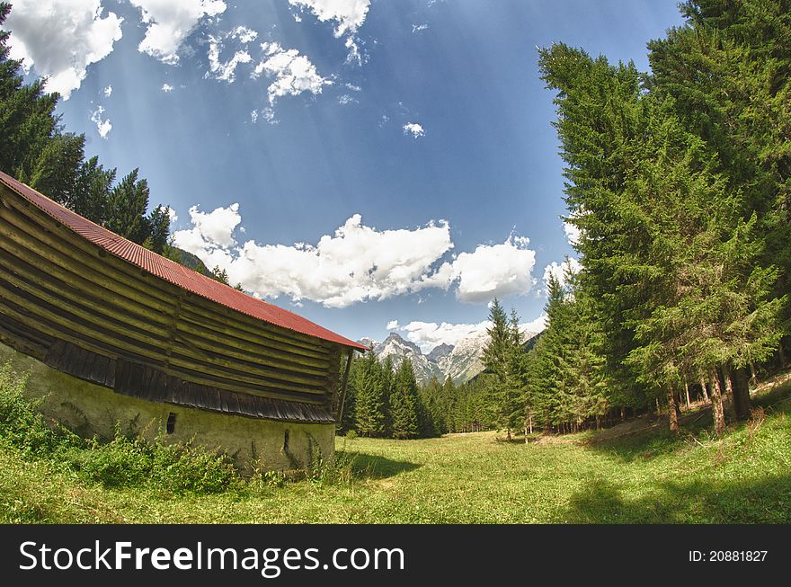 Hut And Trees In The Dolomites