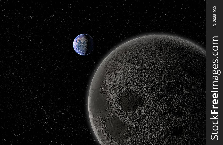 Render of the earth and moon. Render of the earth and moon