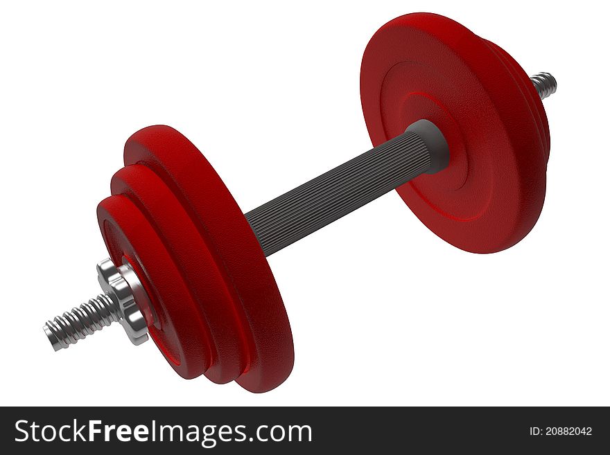 Red weightlifting weights, dumbell, 3d render isolated on white with clipping path. Red weightlifting weights, dumbell, 3d render isolated on white with clipping path