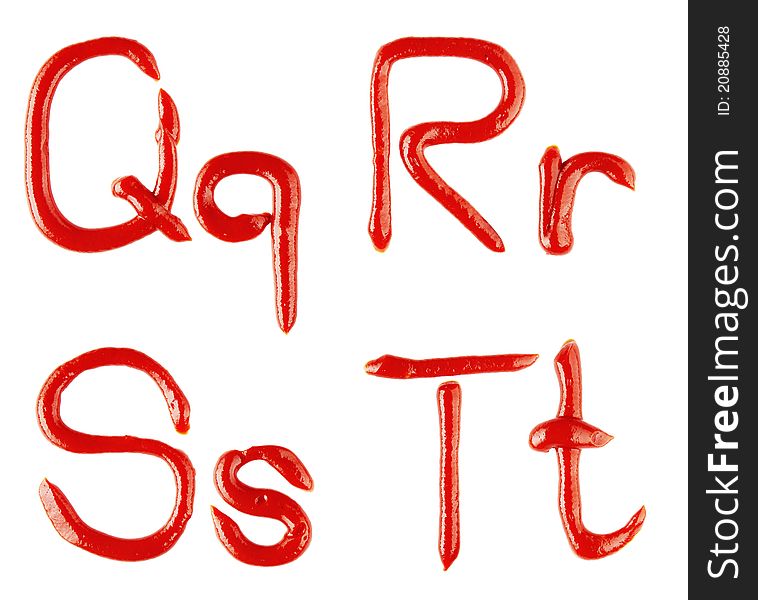 Letters made of ketchup on white background.