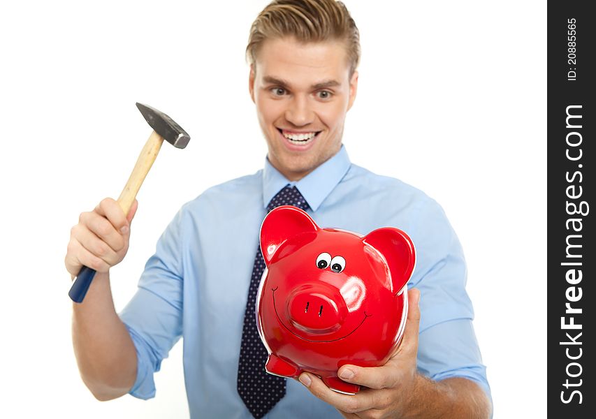 Crazy blond man with hammer