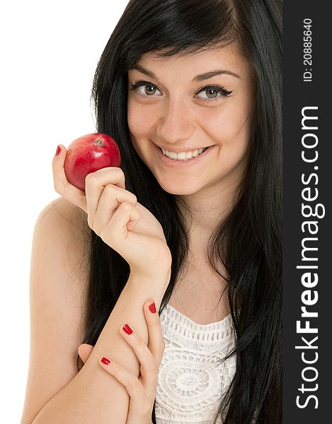 Beautiful brunette girl with red apple