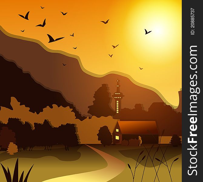 Vector illustration with rural landscape at sunset. Vector illustration with rural landscape at sunset