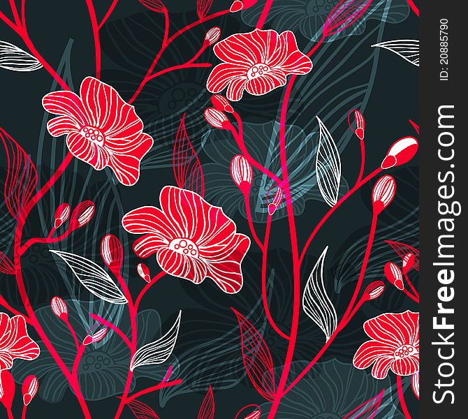 Abstract seamless dark pattern with red poppy. Abstract seamless dark pattern with red poppy