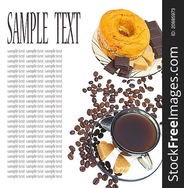 Coffee, donut, brown sugar and coffee beans on white background