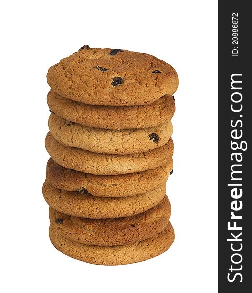 Stack of oatmeal chip cookies with raisins, isolated on white background. Stack of oatmeal chip cookies with raisins, isolated on white background.