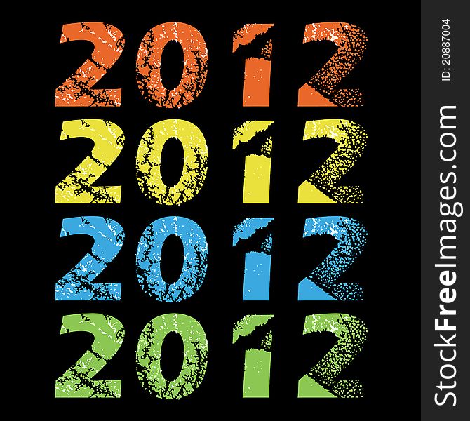2012 set in grunge style in red, yellow, blue and green on black background. 2012 set in grunge style in red, yellow, blue and green on black background