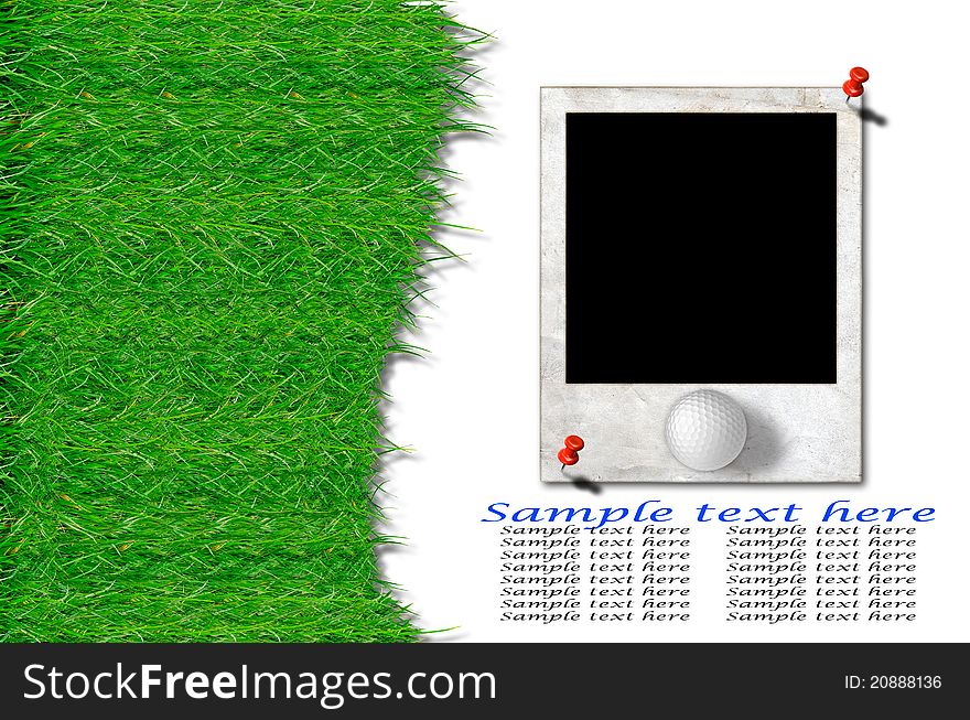 Golf ball and green grass with old dirty photo frame