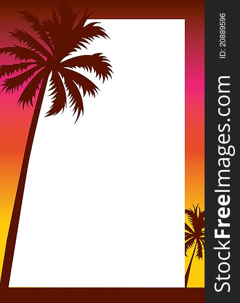 Illustrated party invitation with a calm beach theme featuring palm tree silhouettes against a sunset gradient. Illustrated party invitation with a calm beach theme featuring palm tree silhouettes against a sunset gradient.