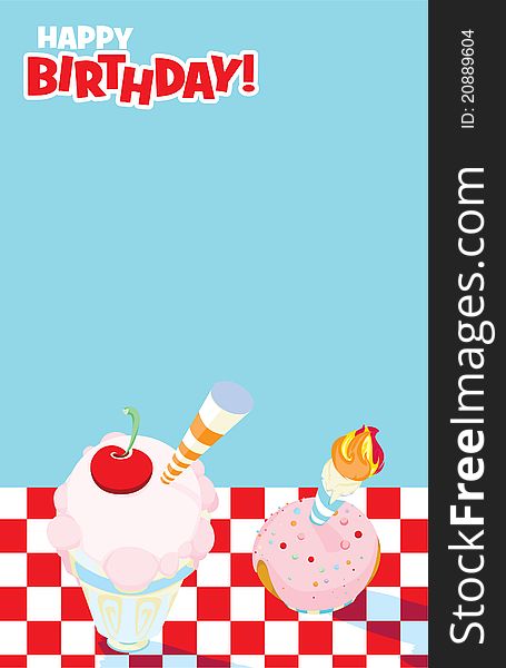 Illustrated invitation layout with an ice cream milkshake and cupcake with birthday candle on top of a red and white checkered table. Illustrated invitation layout with an ice cream milkshake and cupcake with birthday candle on top of a red and white checkered table