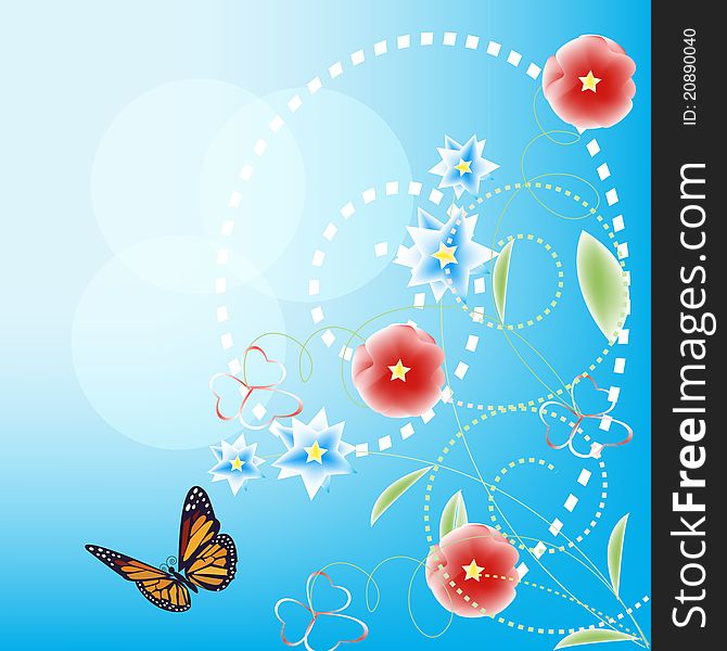 The butterfly against the sky among floral, vector background