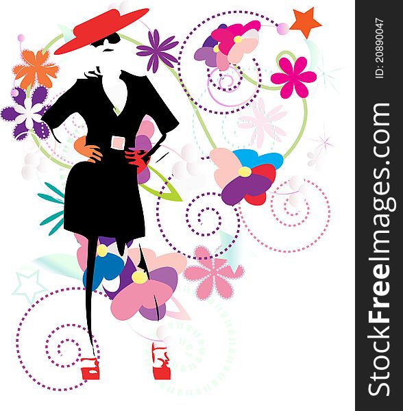 The fashionable girl among florets, vector background