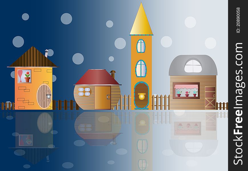 Toy small houses in snow, vector background