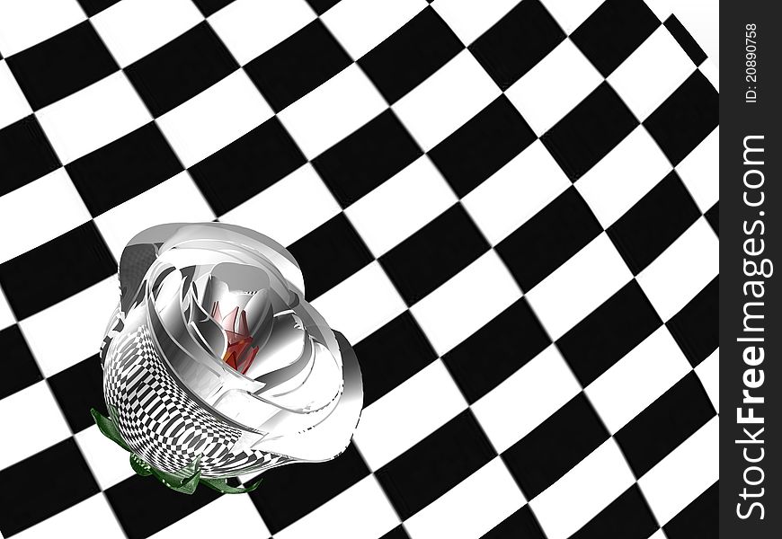 3D image of a white rose bud over chess background. 3D image of a white rose bud over chess background