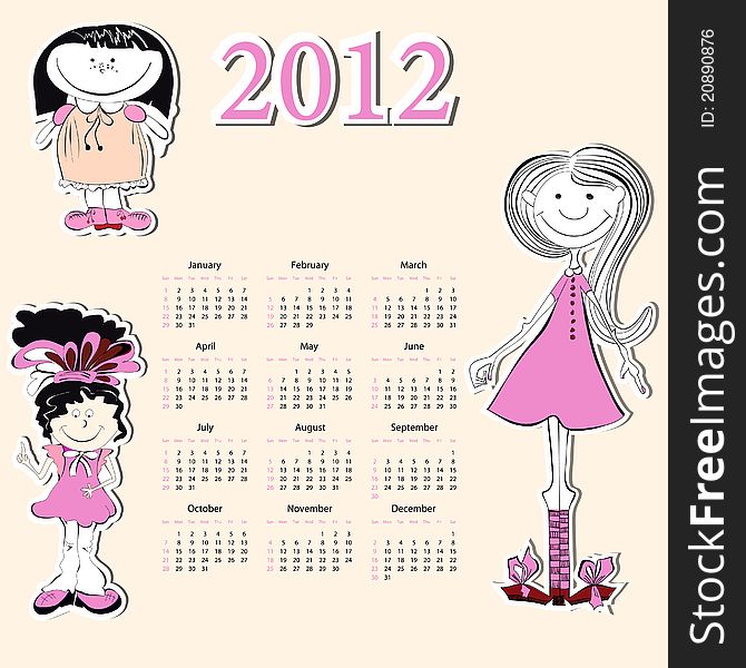 Calendar for 2012 with a small girls