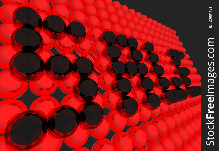 3D image of black balls with text SALE over red background. 3D image of black balls with text SALE over red background