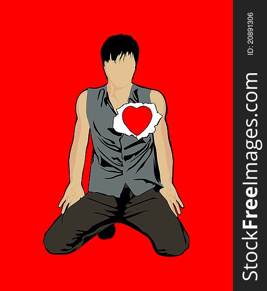 A silhouette of a young man with a heart shaped hole in him. A silhouette of a young man with a heart shaped hole in him.