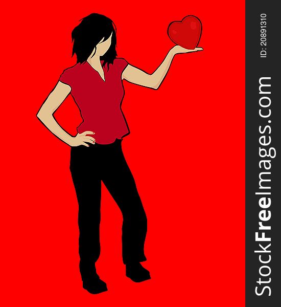 A silhouette of a young woman with a heart in her left hand. A silhouette of a young woman with a heart in her left hand.