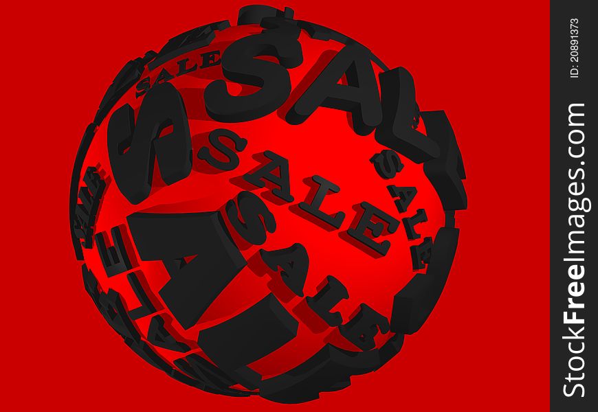 3D image of red sphere with black text SALE isolated over red background. 3D image of red sphere with black text SALE isolated over red background