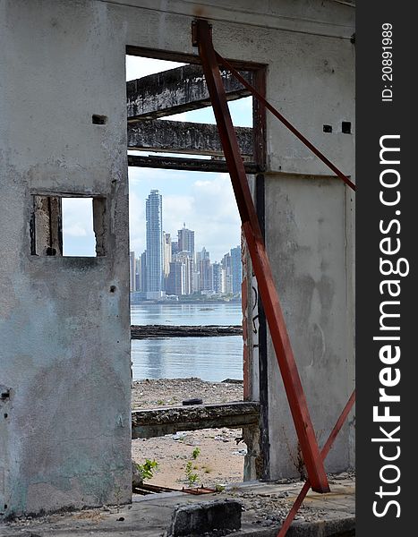 View of panama city panama through the ruins in casco viejo panama. View of panama city panama through the ruins in casco viejo panama