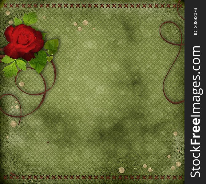Beautiful green background with red rose and brown ribbon. Beautiful green background with red rose and brown ribbon
