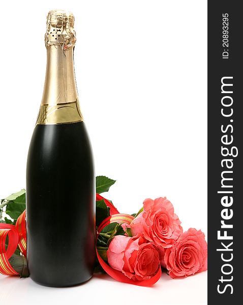 Champagne and roses on a white background