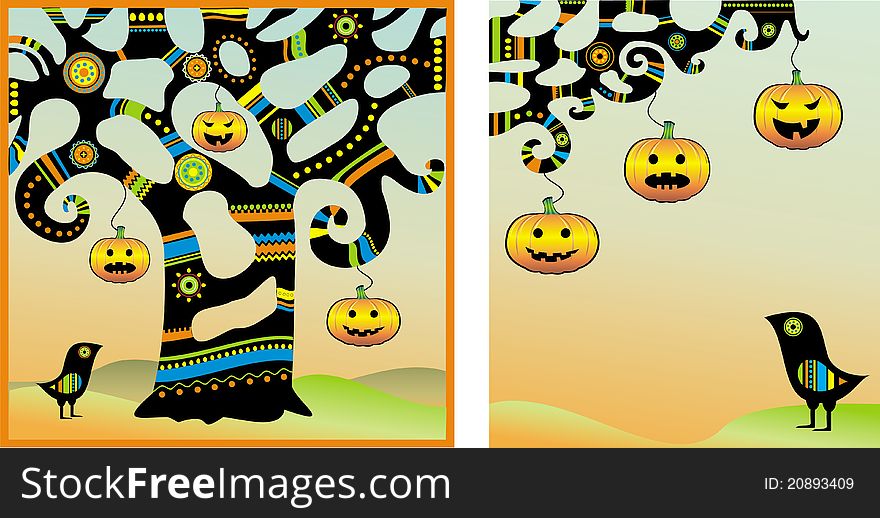 Illustration of Halloween fun with a pumpkin tree, bird