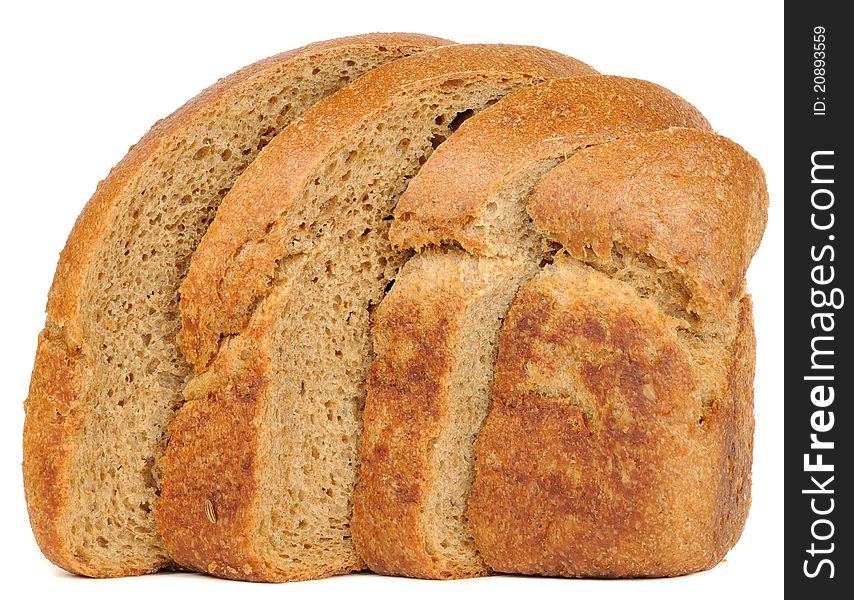 Sliced brown bread on a white background