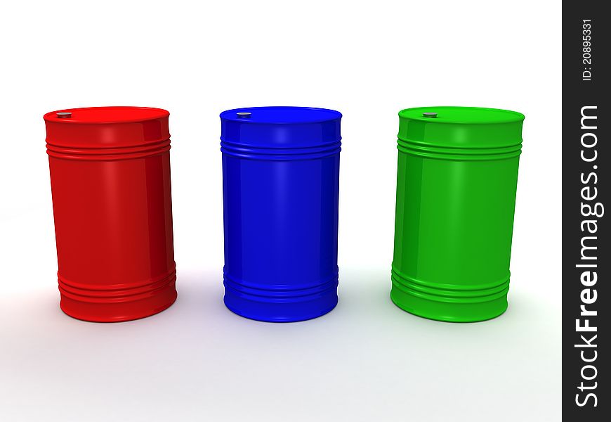 Three color steel barrels on white background