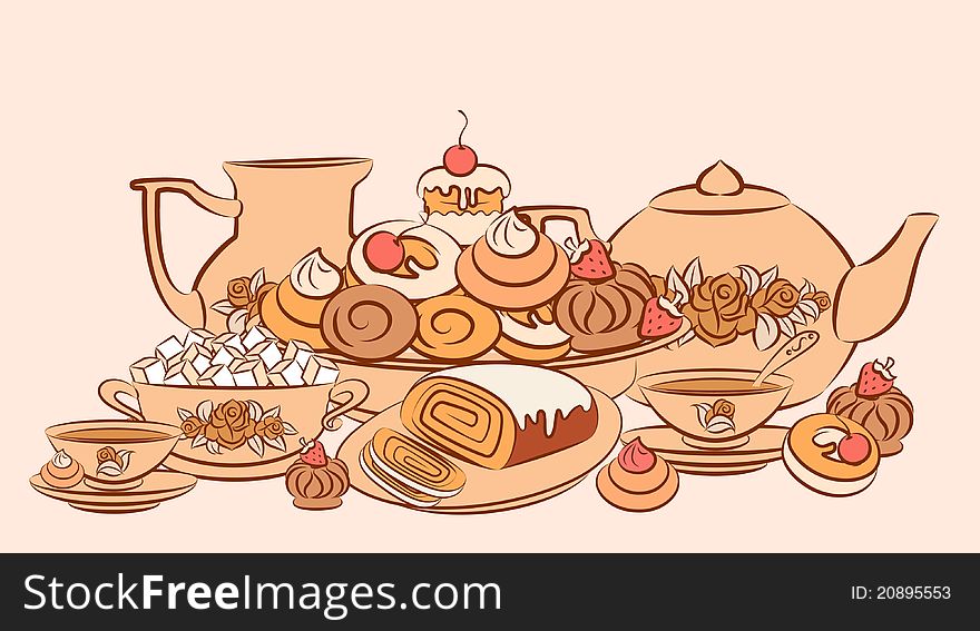 Vintage tea set and sweet cakes.illustration for a design