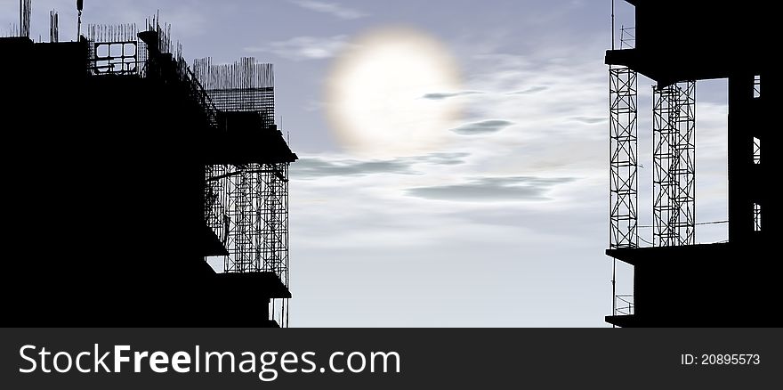 Silhouette of construction, construction equipment and elements of the building under construction on the sky background