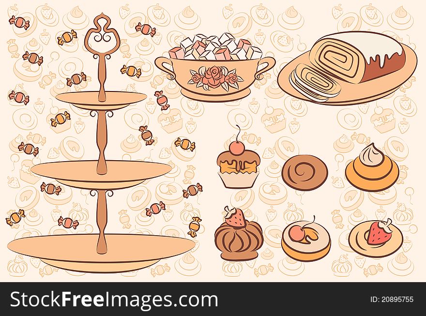 Vintage background with sweet cakes.