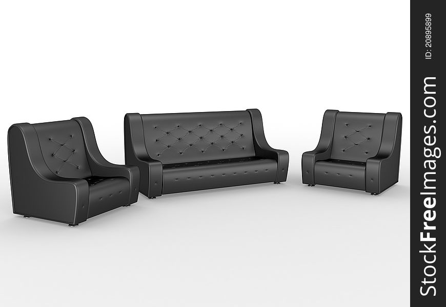 Two black leather armchairs and sofa. Two black leather armchairs and sofa