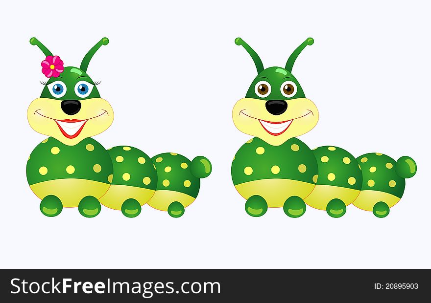 Caterpillars boy and girl smiling, cartoon. Caterpillars boy and girl smiling, cartoon