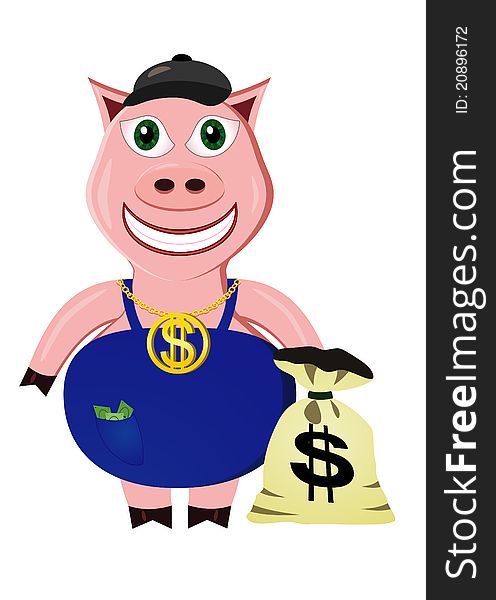 The rich pig with gold medallion - the dollar and a bag of money