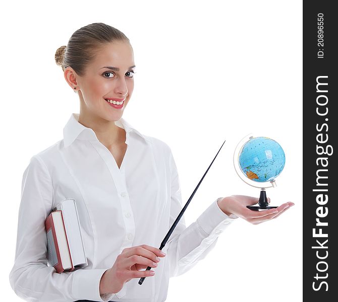 Girl studying a globe, holding book, smiling, isolated on white