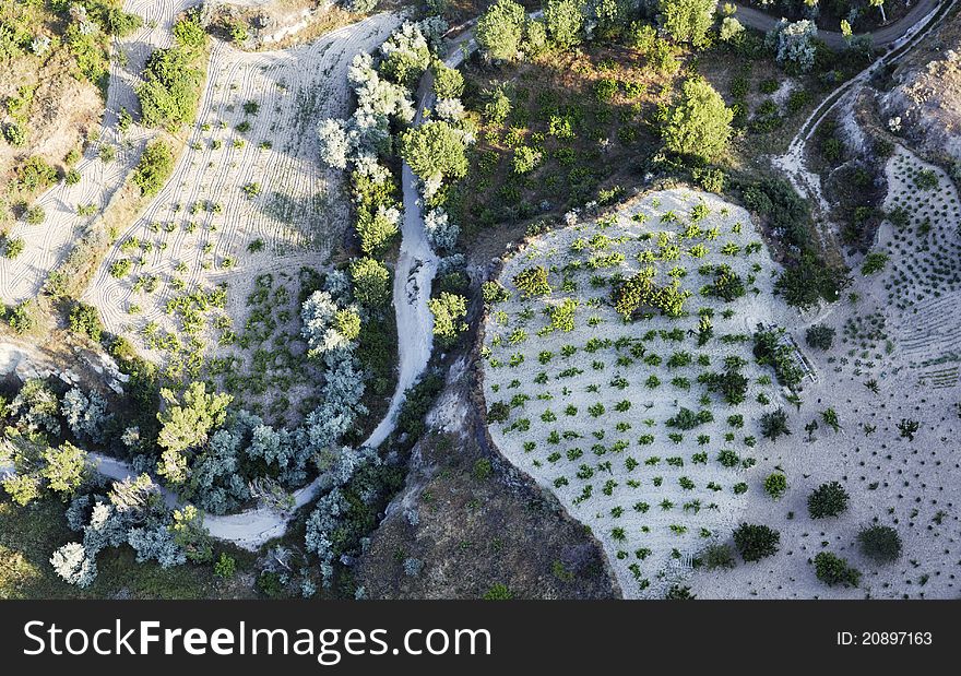 Aerial of farmland crops limestone Cappadocia