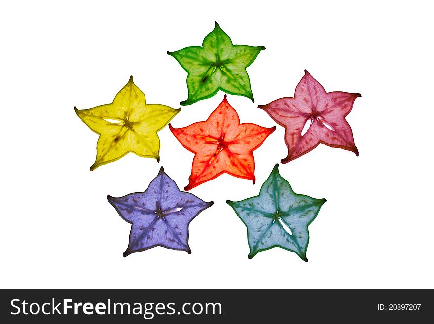 Colorful star fruit is used as the background. Colorful star fruit is used as the background