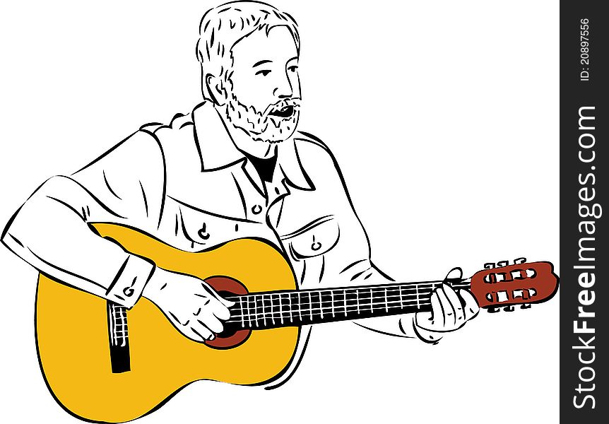 A sketch of a man with a beard playing a guitar
