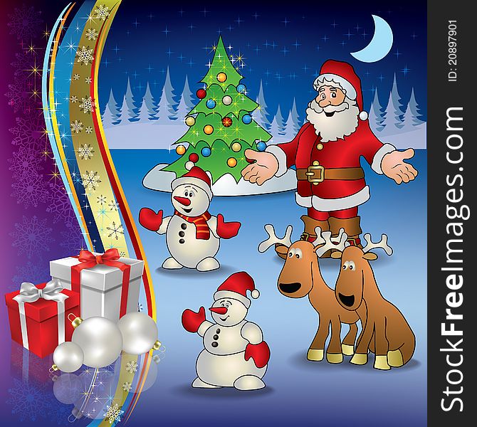 Abstract Christmas blue greeting with Santa deer snowmen and gifts. Abstract Christmas blue greeting with Santa deer snowmen and gifts