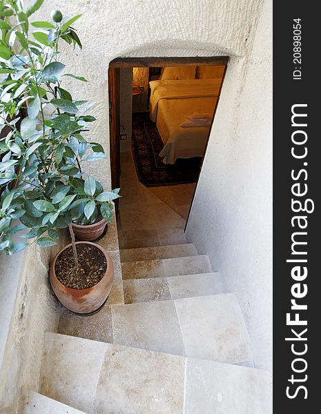 Exterior and interior design layout, architecture of steps leading to bedroom in the basement, portrait, copy space and crop space. Exterior and interior design layout, architecture of steps leading to bedroom in the basement, portrait, copy space and crop space