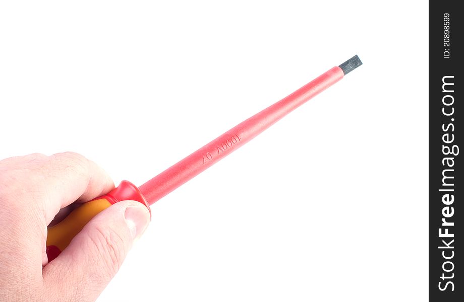 Hand with a set of screwdrivers on the white background. Hand with a set of screwdrivers on the white background