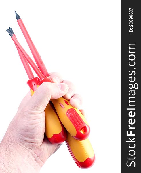 Hand with screwdrivers on the white background. Hand with screwdrivers on the white background