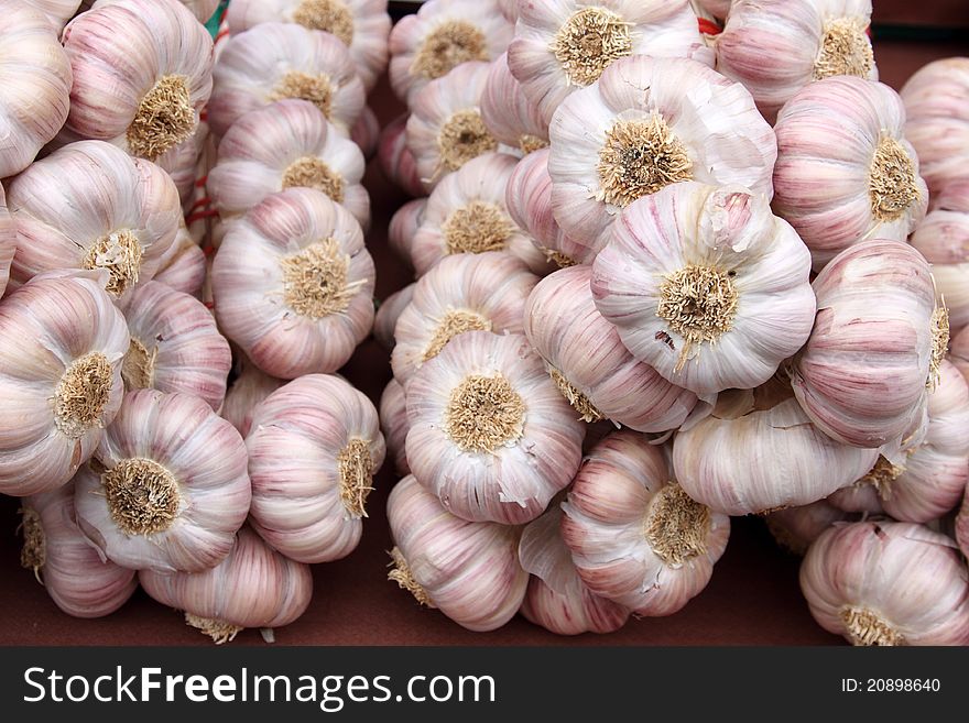 Details of garlics on market stall