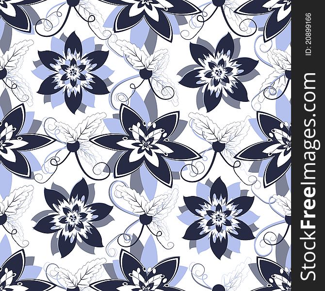 White seamless floral pattern with blue flowers